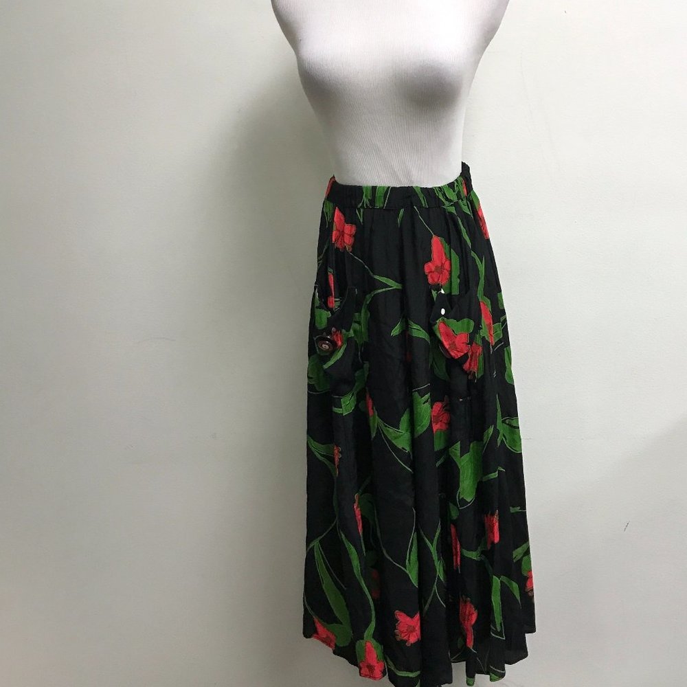 Janice McCarty Vintage black red rayon floral midi skirt polka dot pockets M